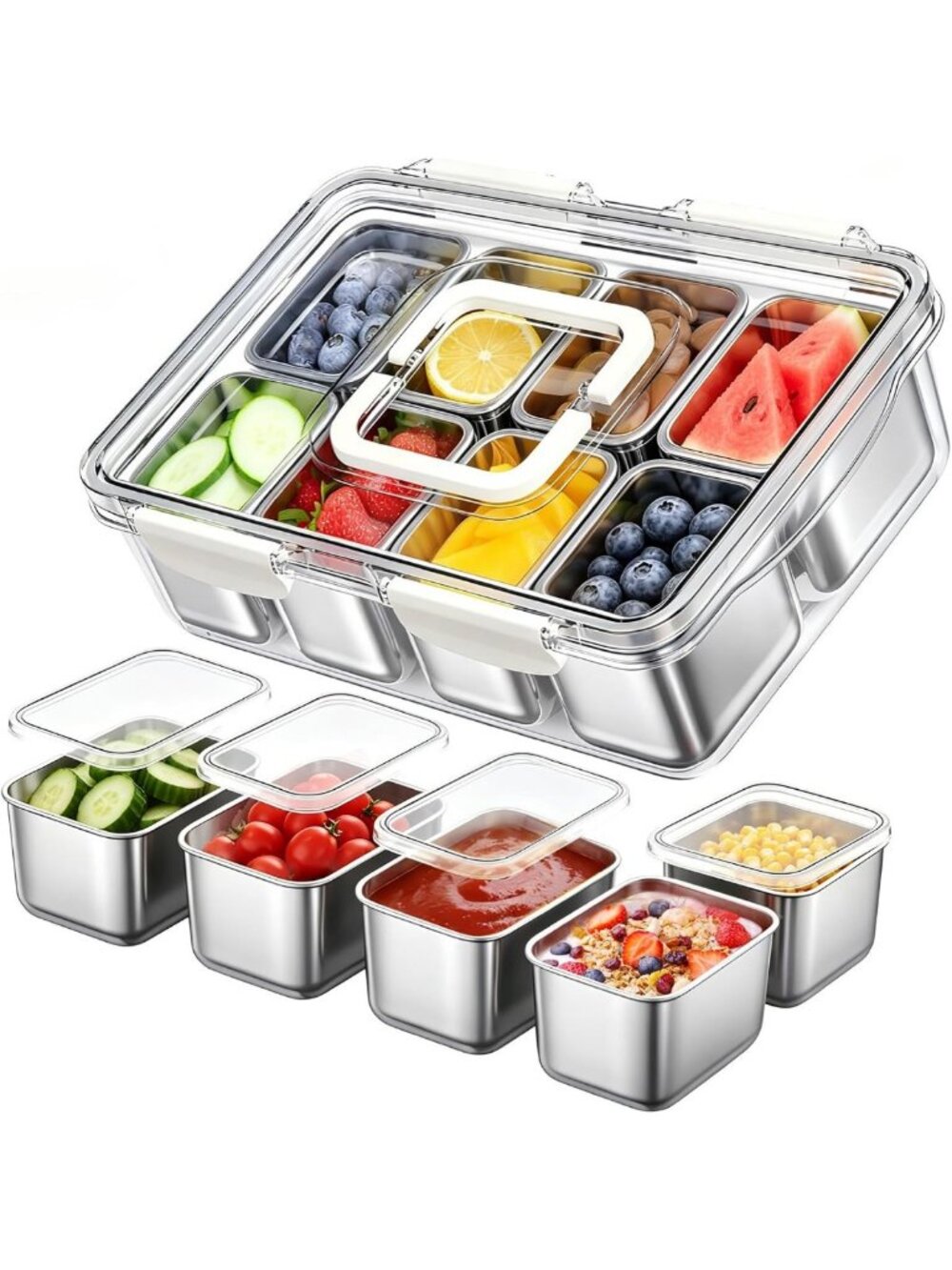 Large Stainless Steel Snack Box with 8 Compartments, Dishwasher Safe & Locking